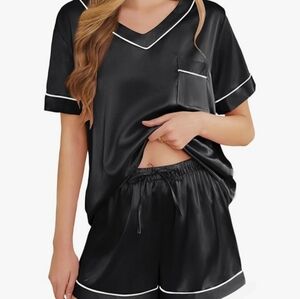 Black Satin Pajama Set with White Trim — Women's Two-Piece Lounge Set